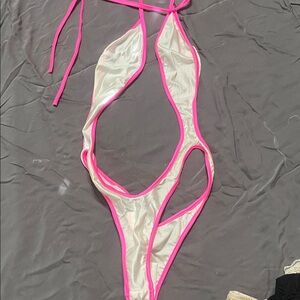 Pink and White Cutout Swimsuit